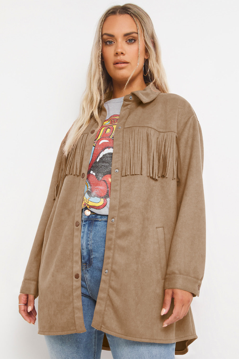 Chic khaki fringe plus size suede shacket for a stylish wardrobe update