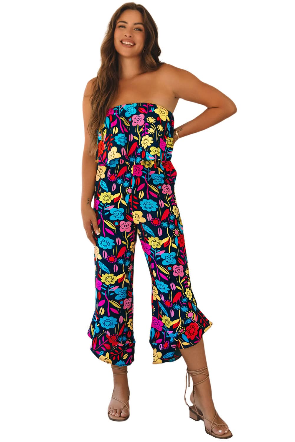 Red Mix Tropical Print Strapless Ruffled Jumpsuit - Love Salve 