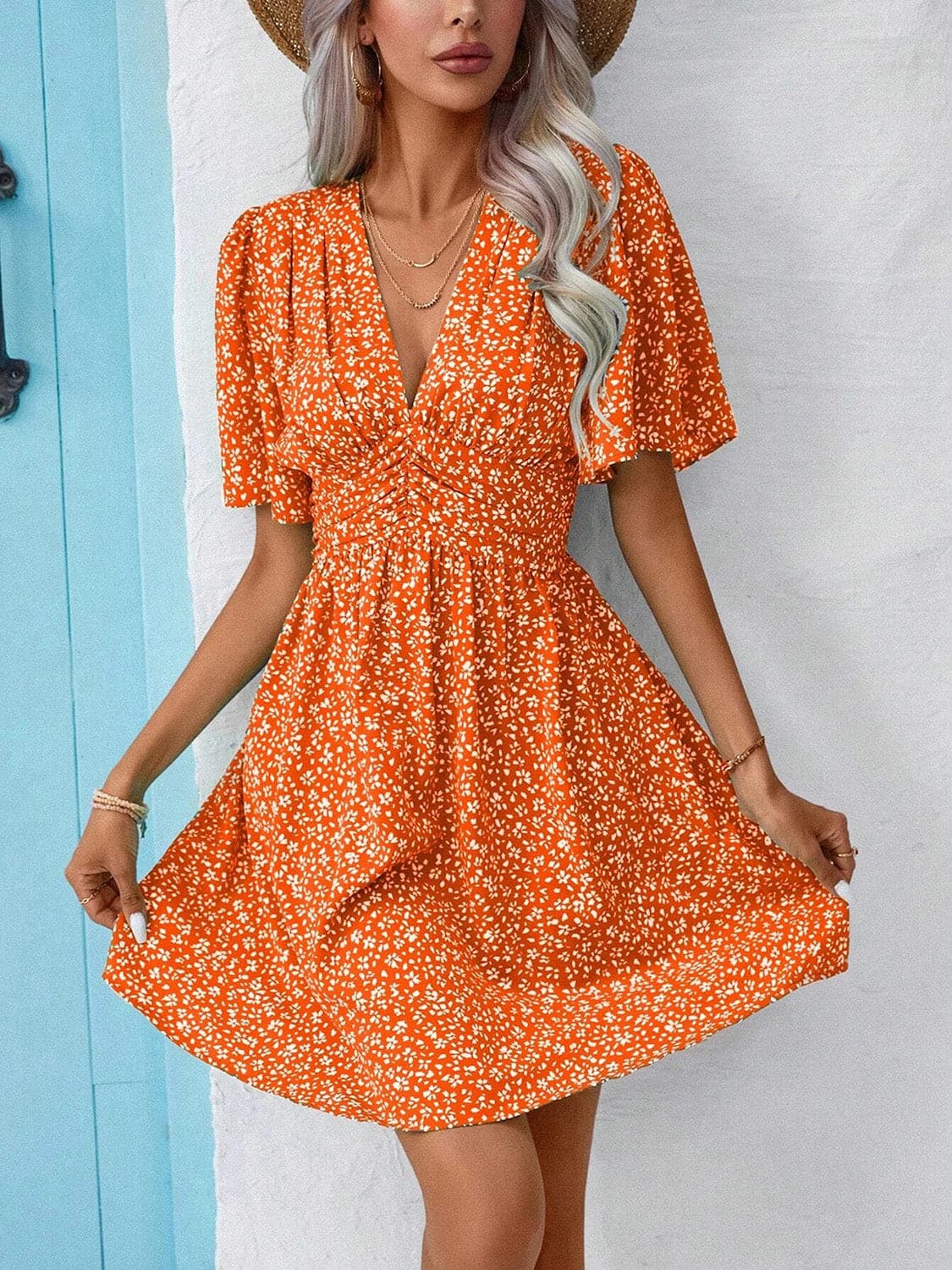 Printed V-Neck Half Sleeve Mini Dress.