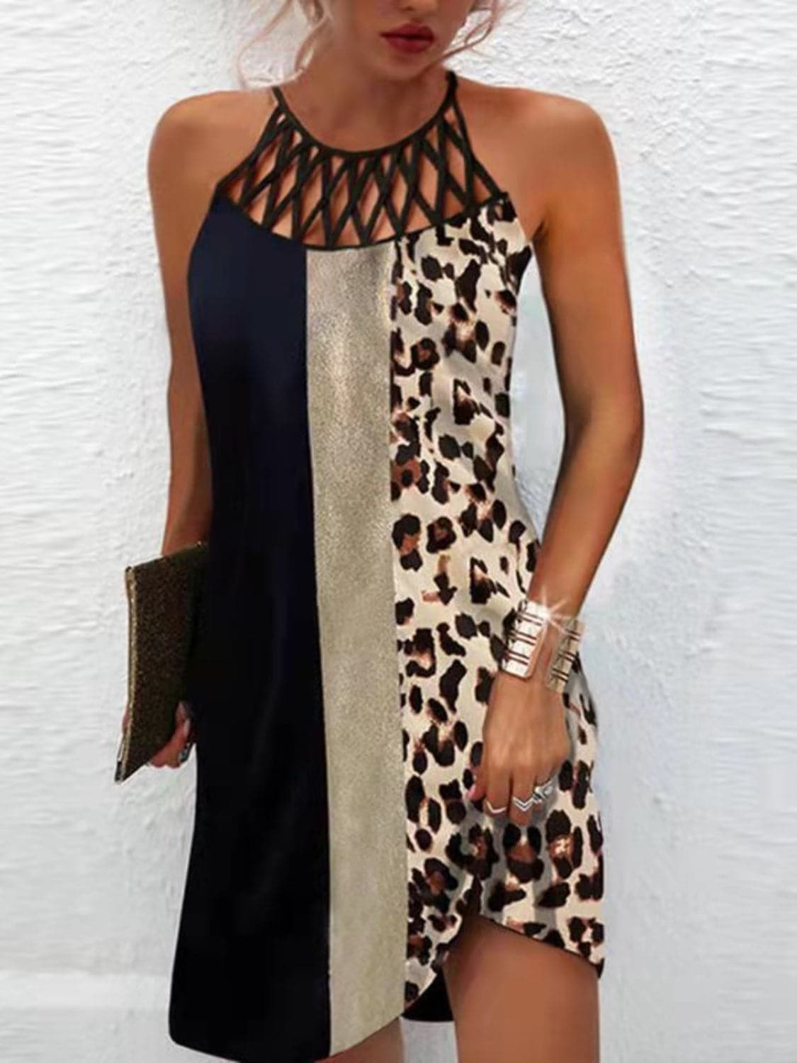 Printed Grecian Neck Mini Dress.