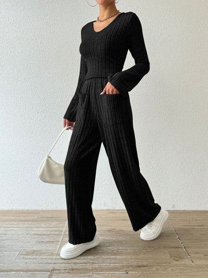 Chic ribbed V-neck long sleeve top and pocketed lounge pants set