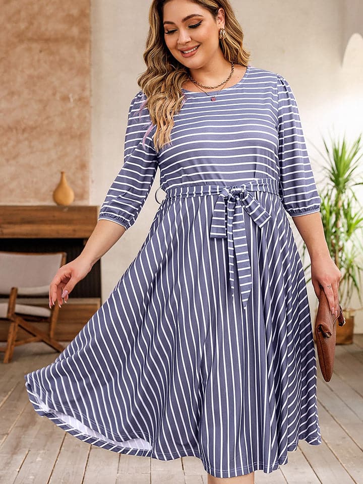 Plus Size Round Neck Striped Tie Waist Dress.