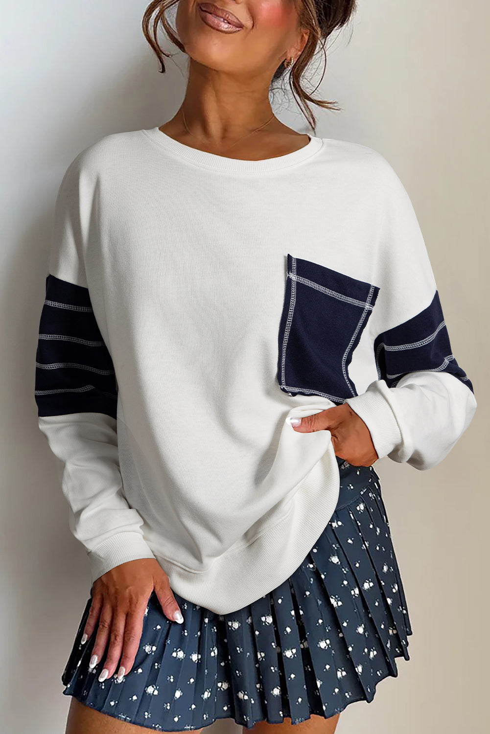 White Exposed Seam Detail Color Block Patch Pocket Drop Shoulder Sweatshirt Dear-Lover Dropshipping
