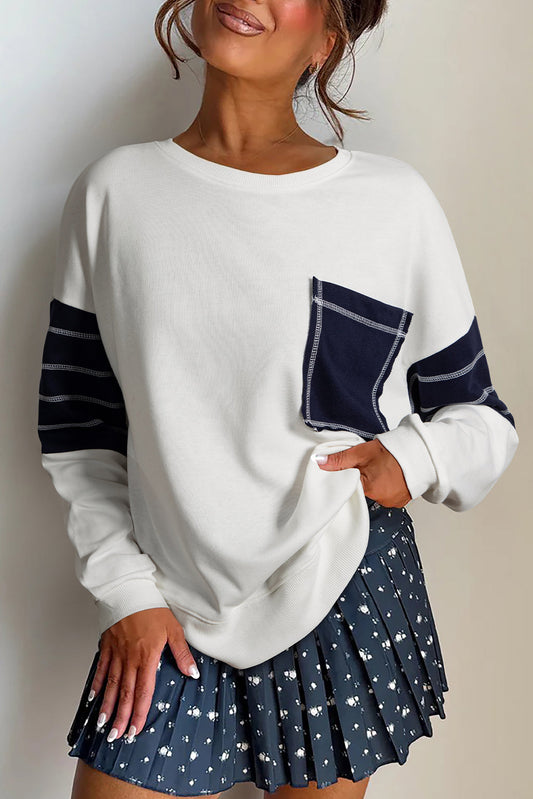 White Exposed Seam Detail Color Block Patch Pocket Drop Shoulder Sweatshirt Dear-Lover Dropshipping