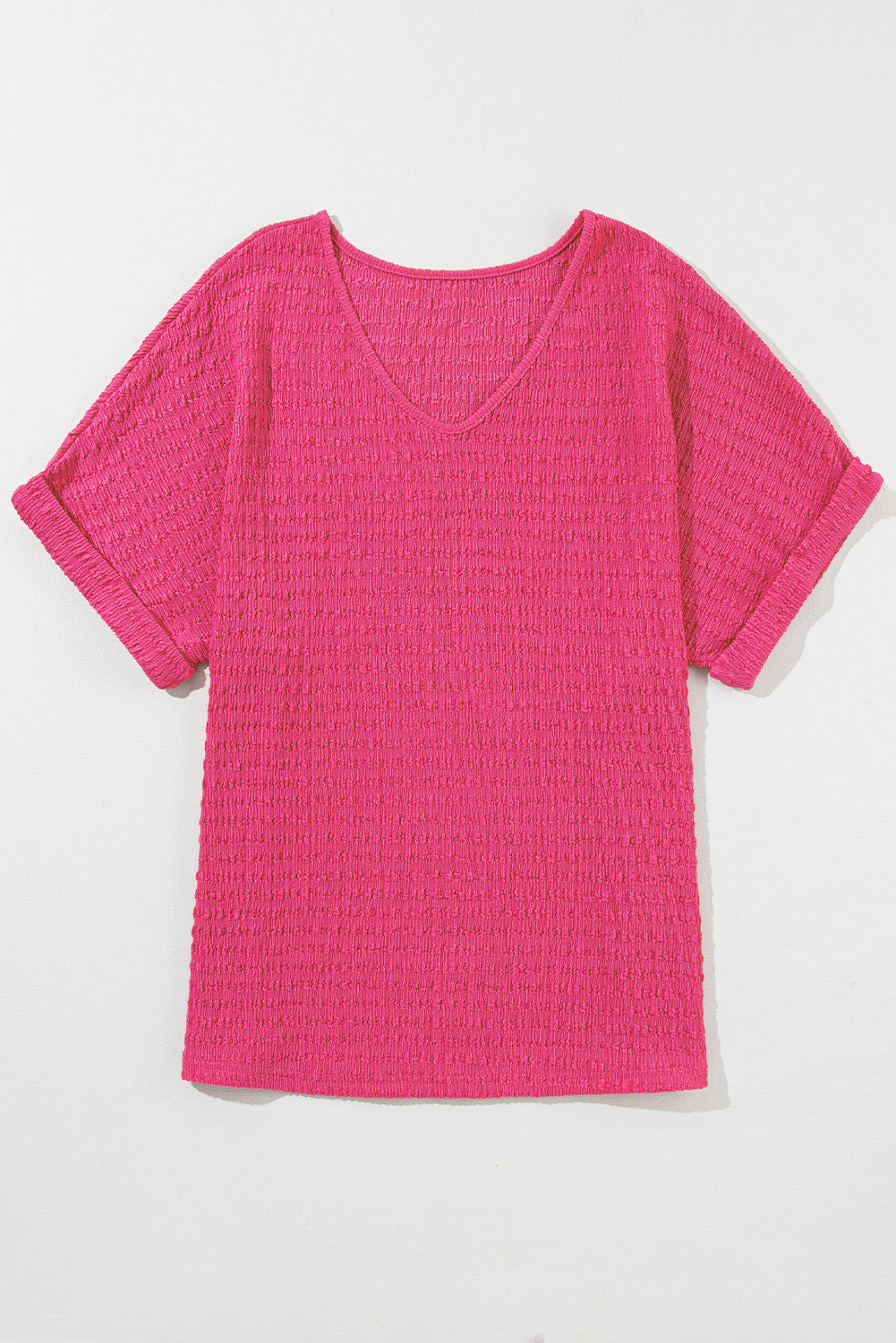 Chic bright pink rolled sleeve V neck tee for effortless style