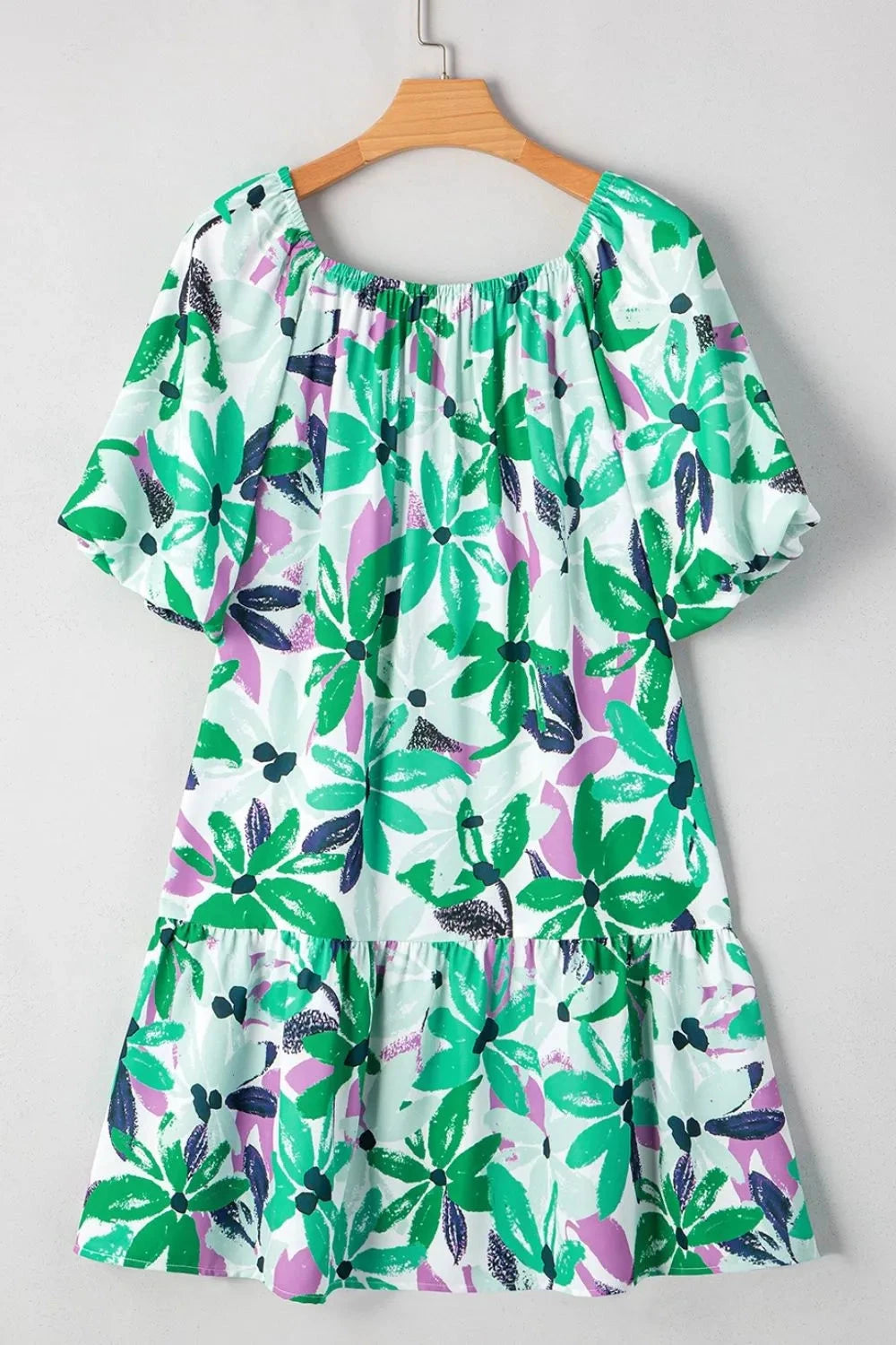 Floral Print Shirred Square Neck Loose Fit Mini Dress Simply Love