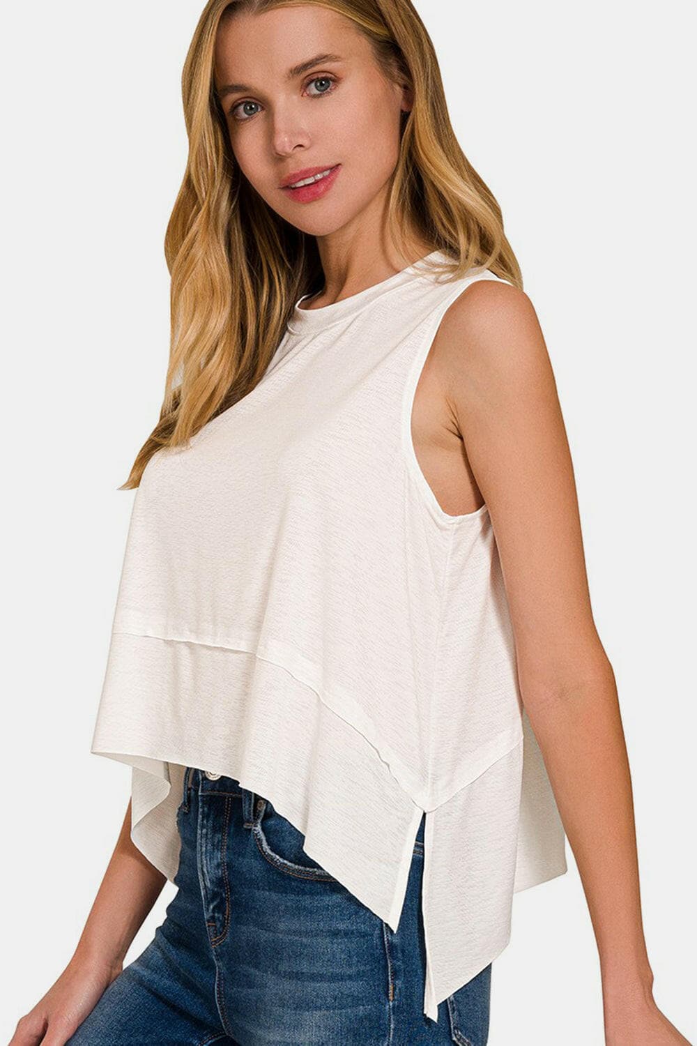 Zenana Slit High-Low Round Neck Tank.