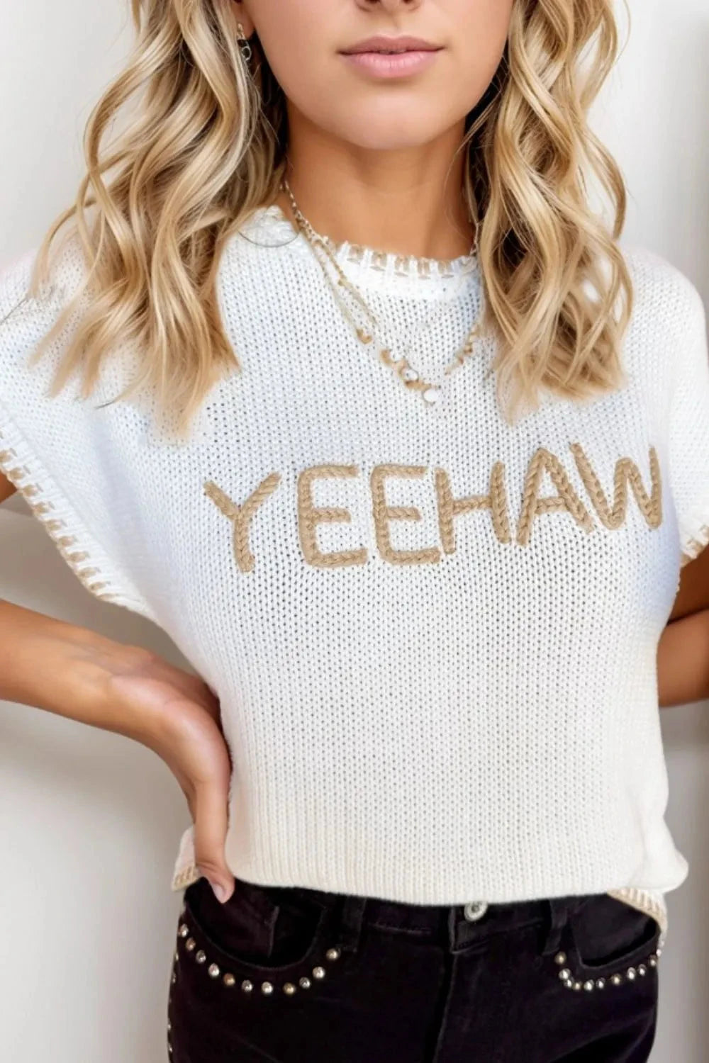 YEEHAW Stitch Edge Crew Neck Knit Top Simply Love