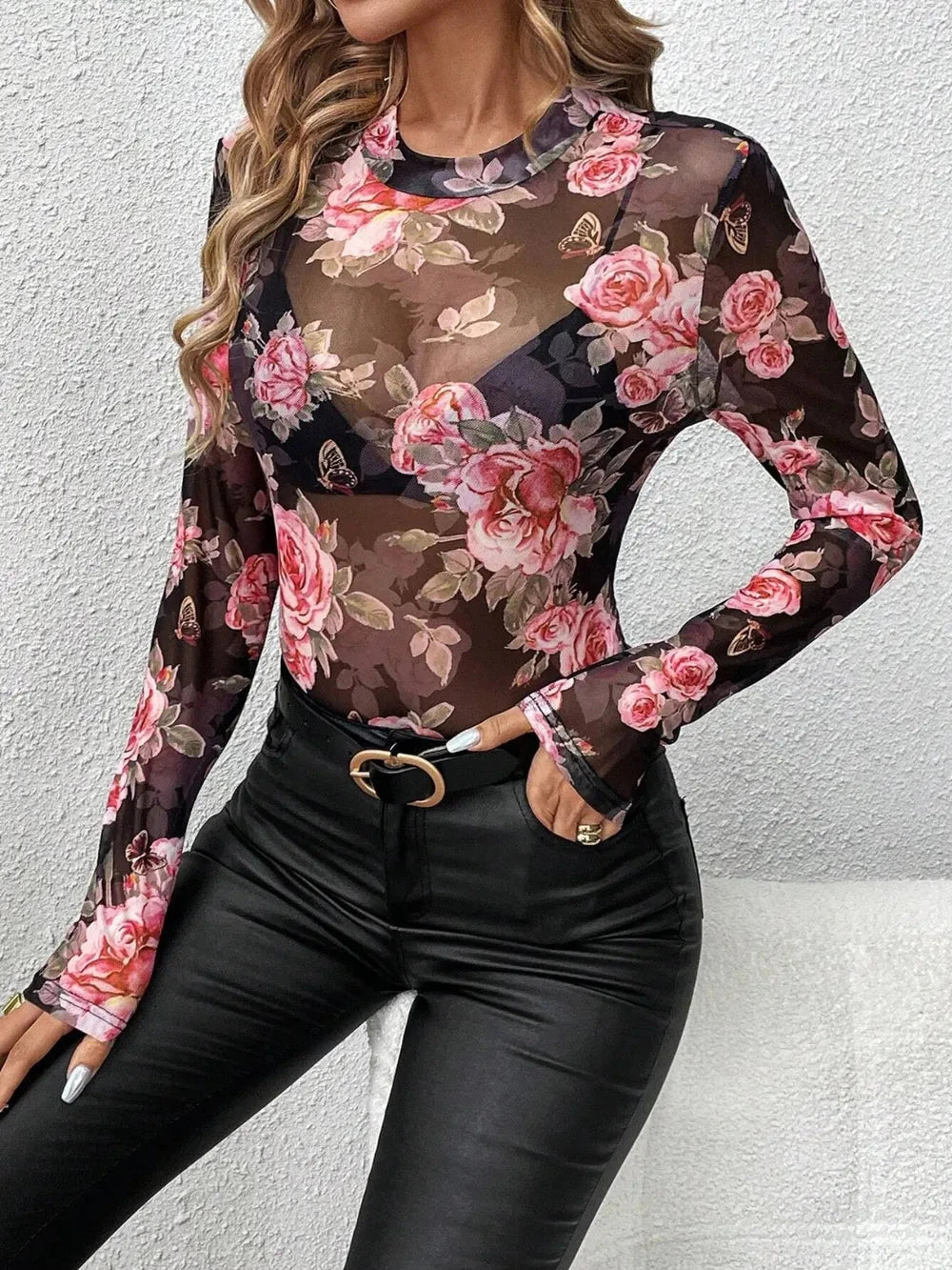 Mesh Floral Mock Neck Long Sleeve Top Coco’s Tee Boutique