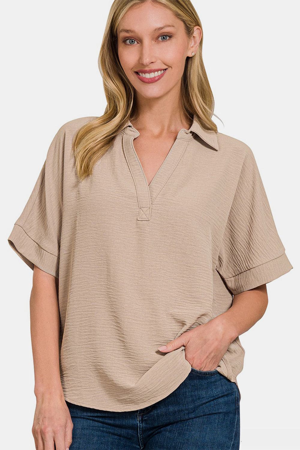 Zenana Texture Collared Neck Short Sleeve Top.