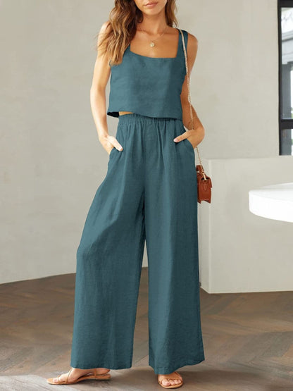 Square Neck Top and Wide Leg Pants Set.