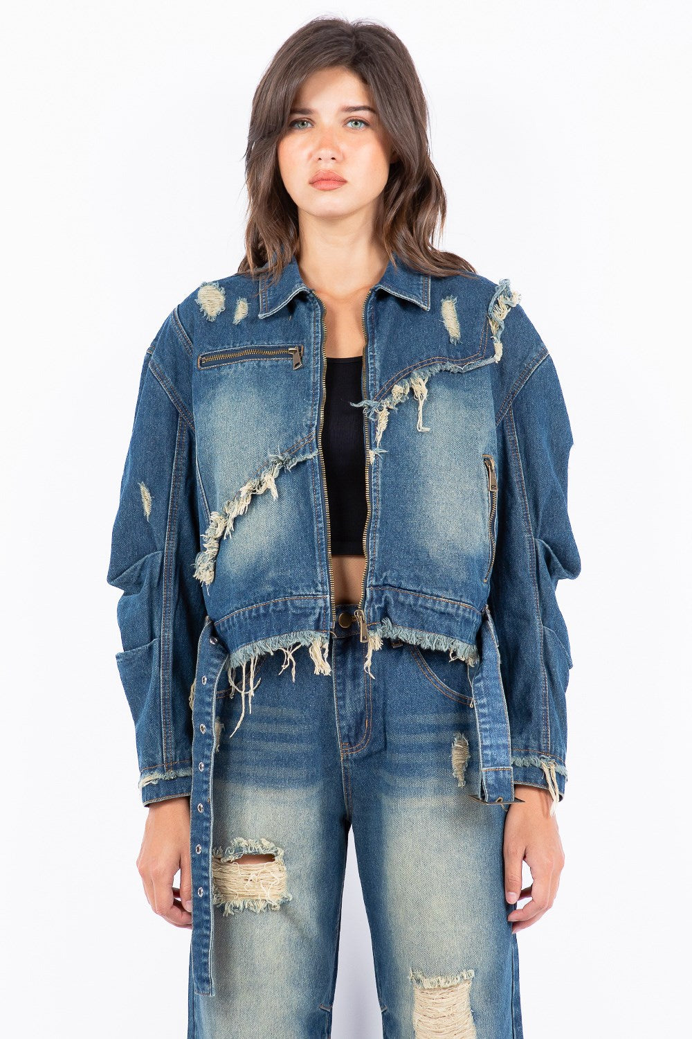 American Bazi Full Size Distressed Frayed Edge Zip Up Denim Jacket Plus Size - Love Salve 