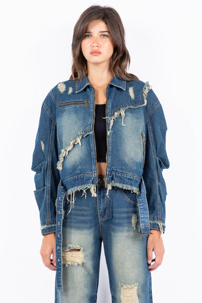 American Bazi Full Size Distressed Frayed Edge Zip Up Denim Jacket Plus Size - Love Salve 