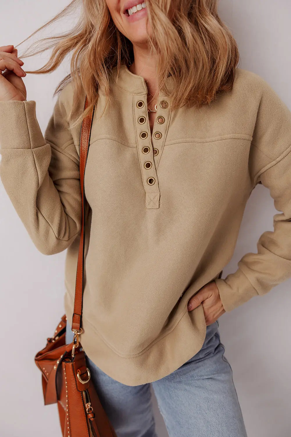 Dear-Lover Beige Sweatshirt Women's Casual Everyday Pullover V-Neck Soft Dear-Lover Dropshipping