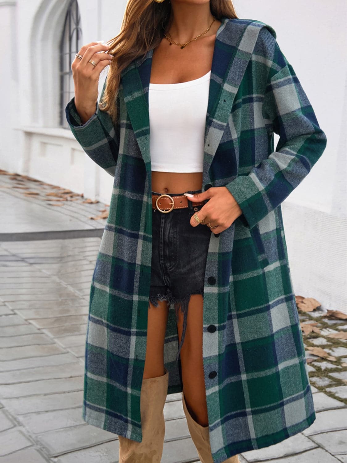 Chic plaid hooded coat with pockets