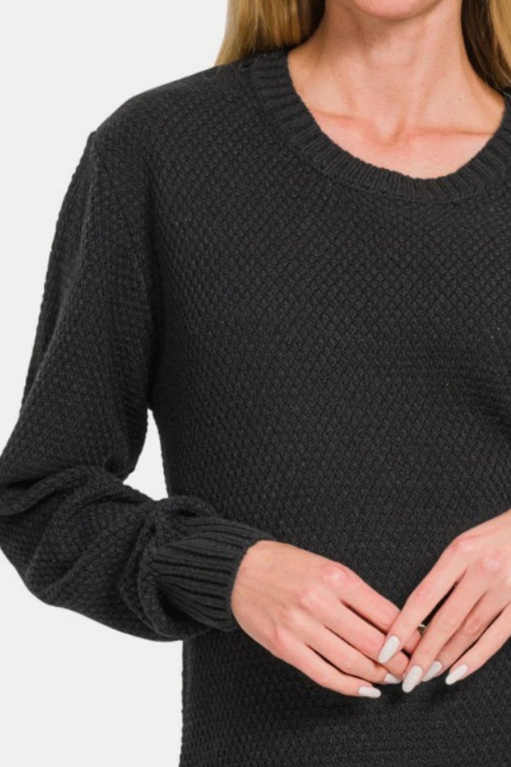 Zenana Ful Size Round Neck Long Sleeve Curved Hem Sweater.