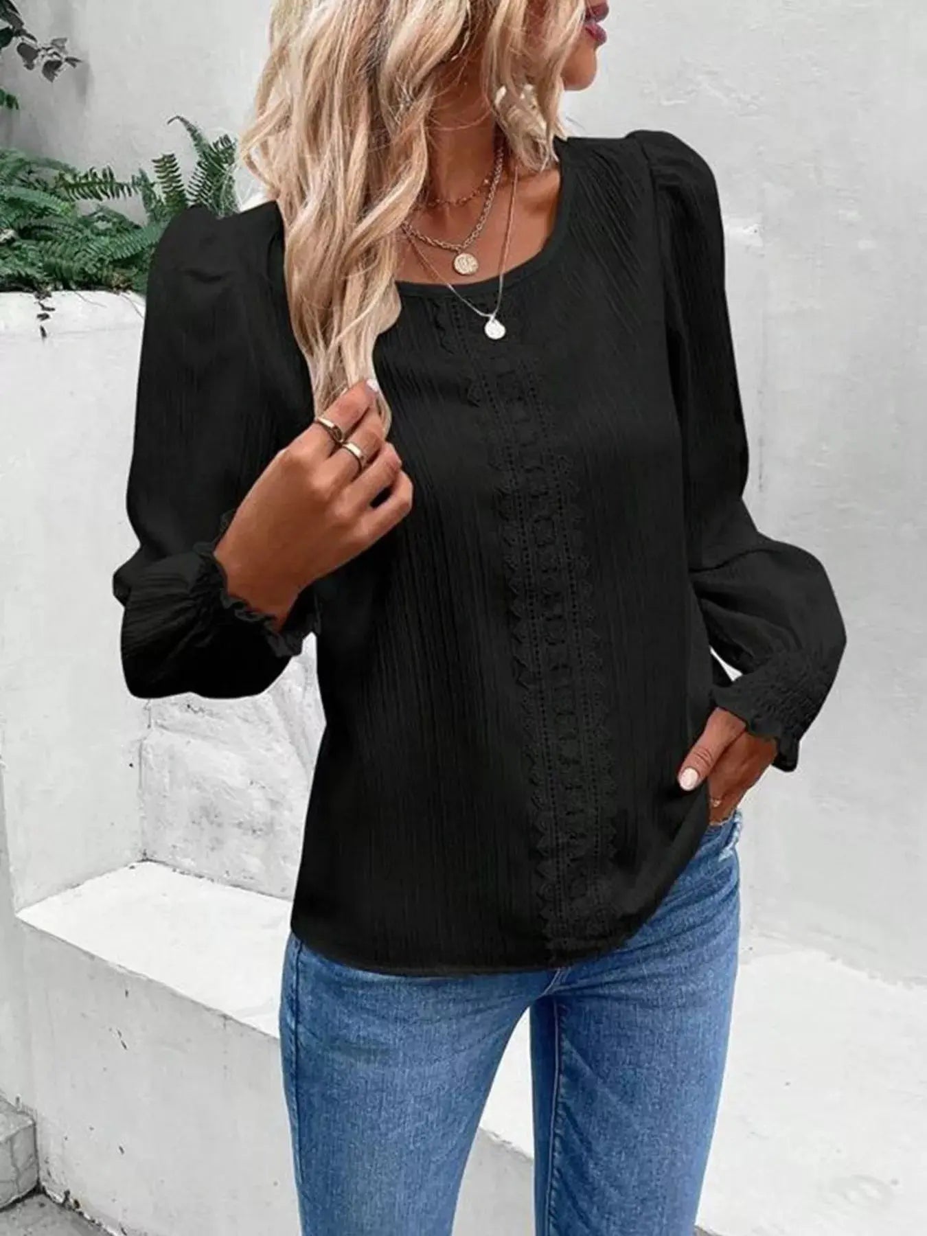 Lace Trim Long Sleeve Blouse Simply Love
