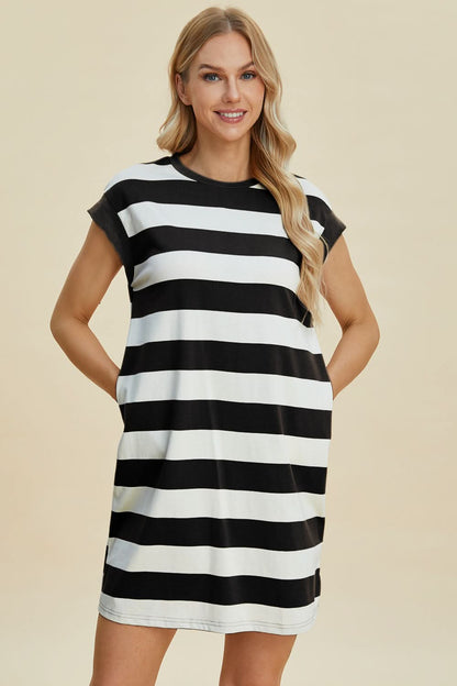 Basic Bae Full Size Striped Round Neck Cap Sleeve Mini Dress