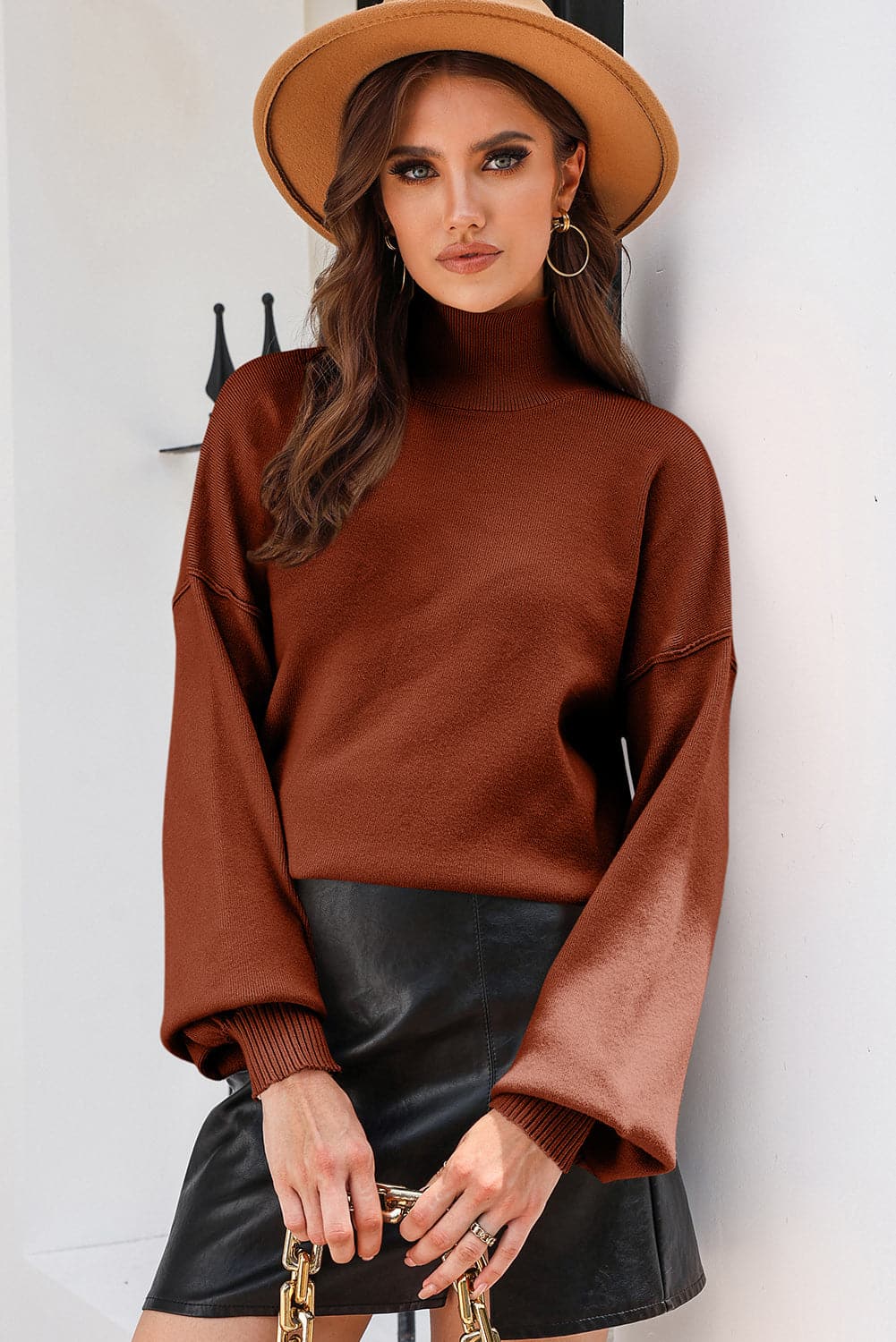 Turtleneck Lantern Sleeve Sweater.