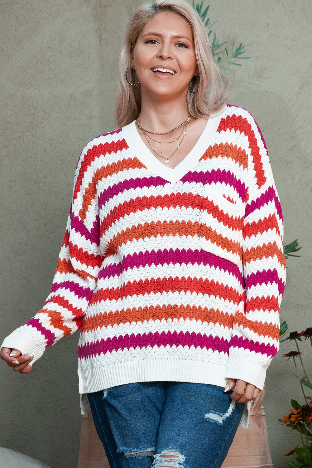 Chic pink striped v-neck plus size sweater with drop shoulders