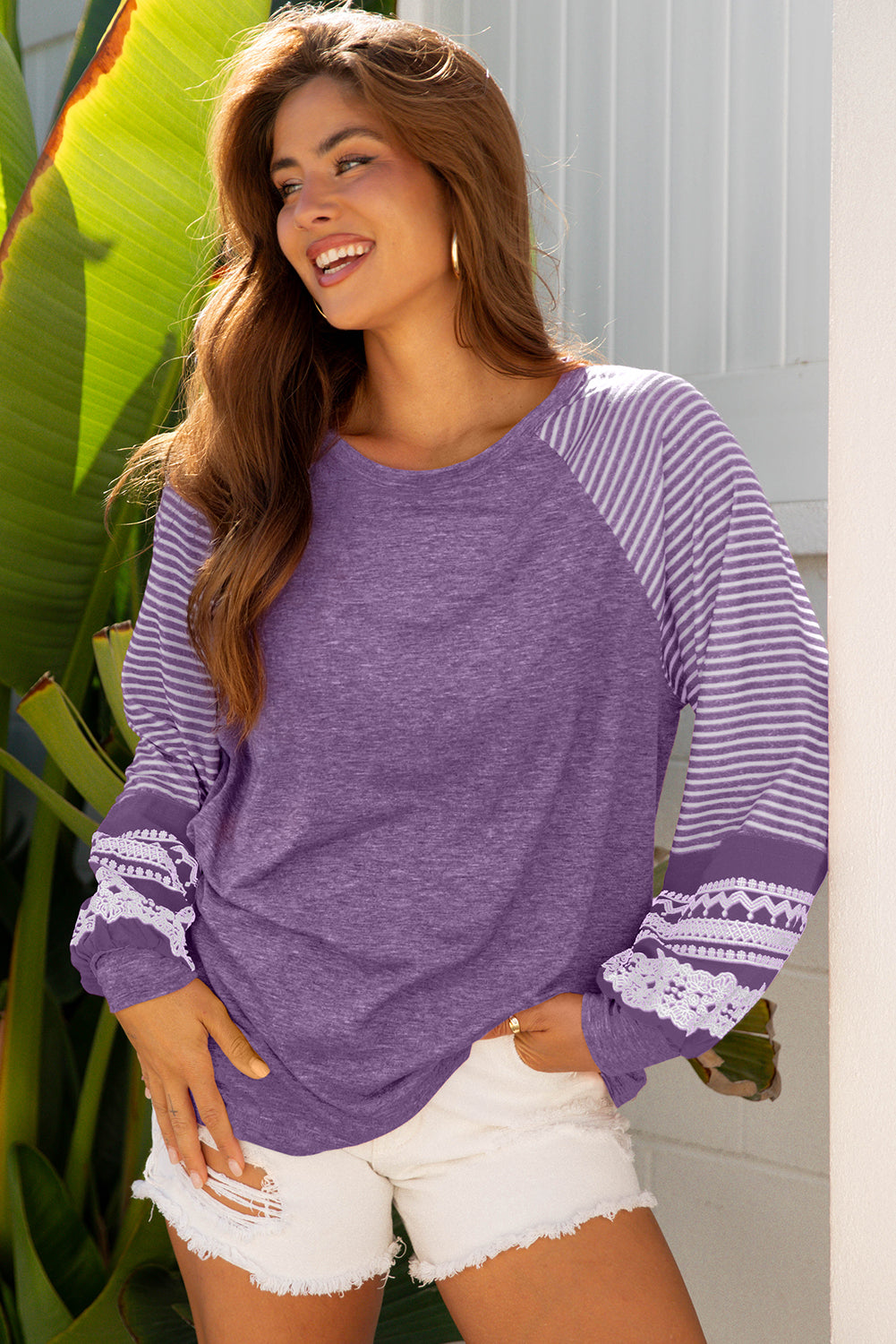 Tillandsia Purple Contrast Print Striped Raglan Long Sleeve Dear-Lover Dropshipping