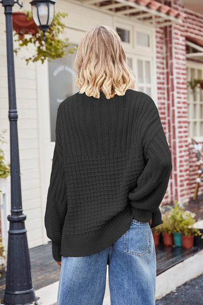 Ribbed Drop Shoulder Lantern Sleeve Sweater.