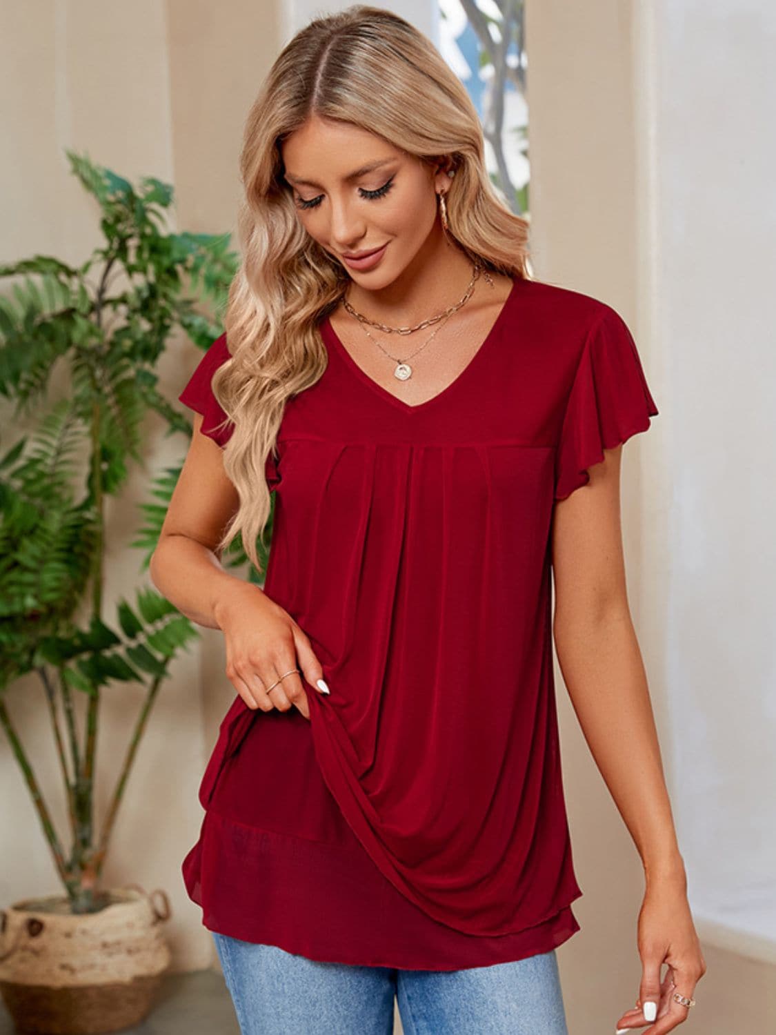 Ruched V-Neck Short Sleeve T-Shirt.