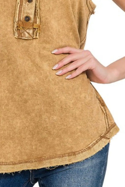 Zenana Washed Half-button Raw Edge Sleeveless Henley Top - Love Salve 