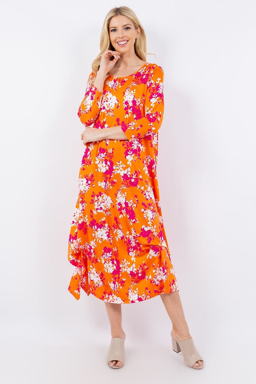 Celeste Full Size Pick-Up Hem Asymmetric Floral Midi Dress.