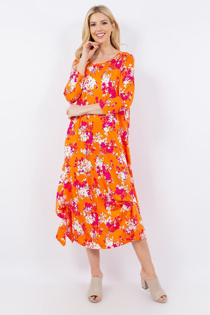 Celeste Full Size Pick-Up Hem Asymmetric Floral Midi Dress.