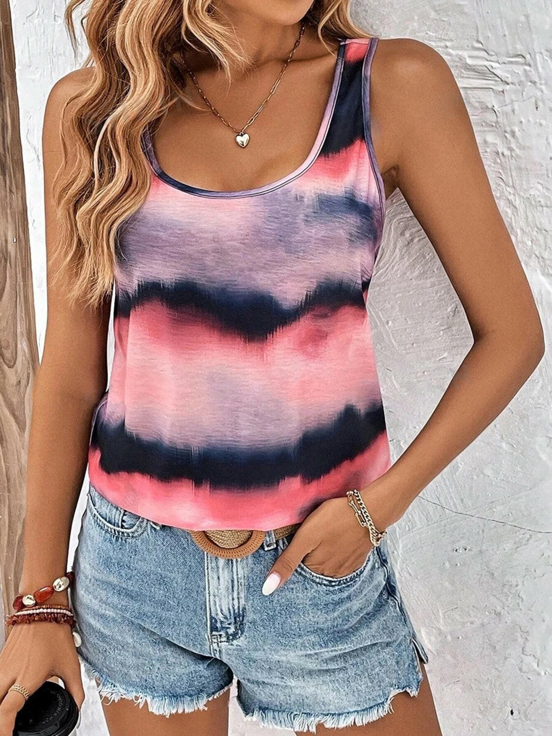 Tie-Dye Scoop Neck Wide Strap Tank.