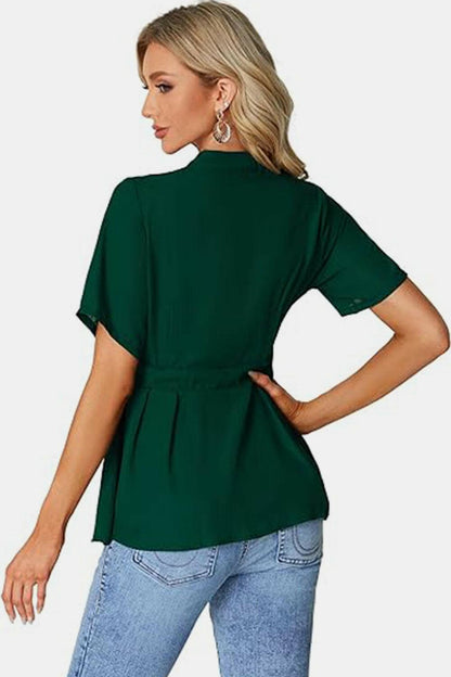 Tied Round Neck Short Sleeve Blouse.