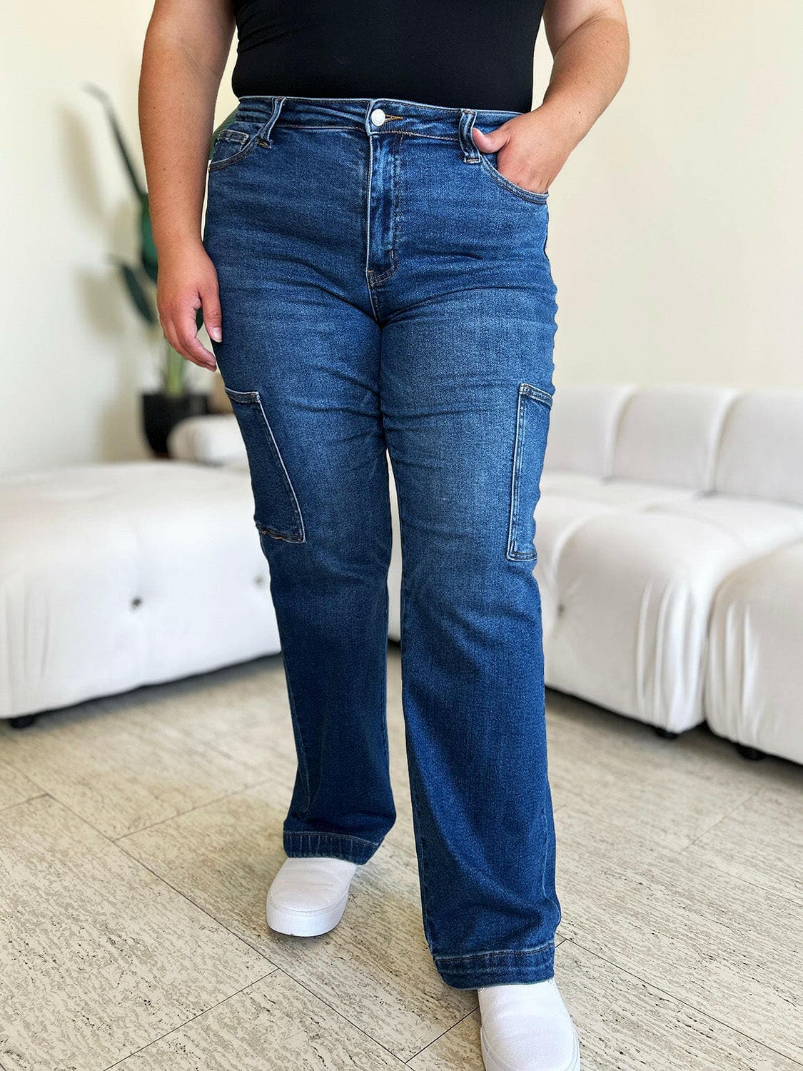 Judy Blue Full Size High Waist Straight Cargo Jeans.