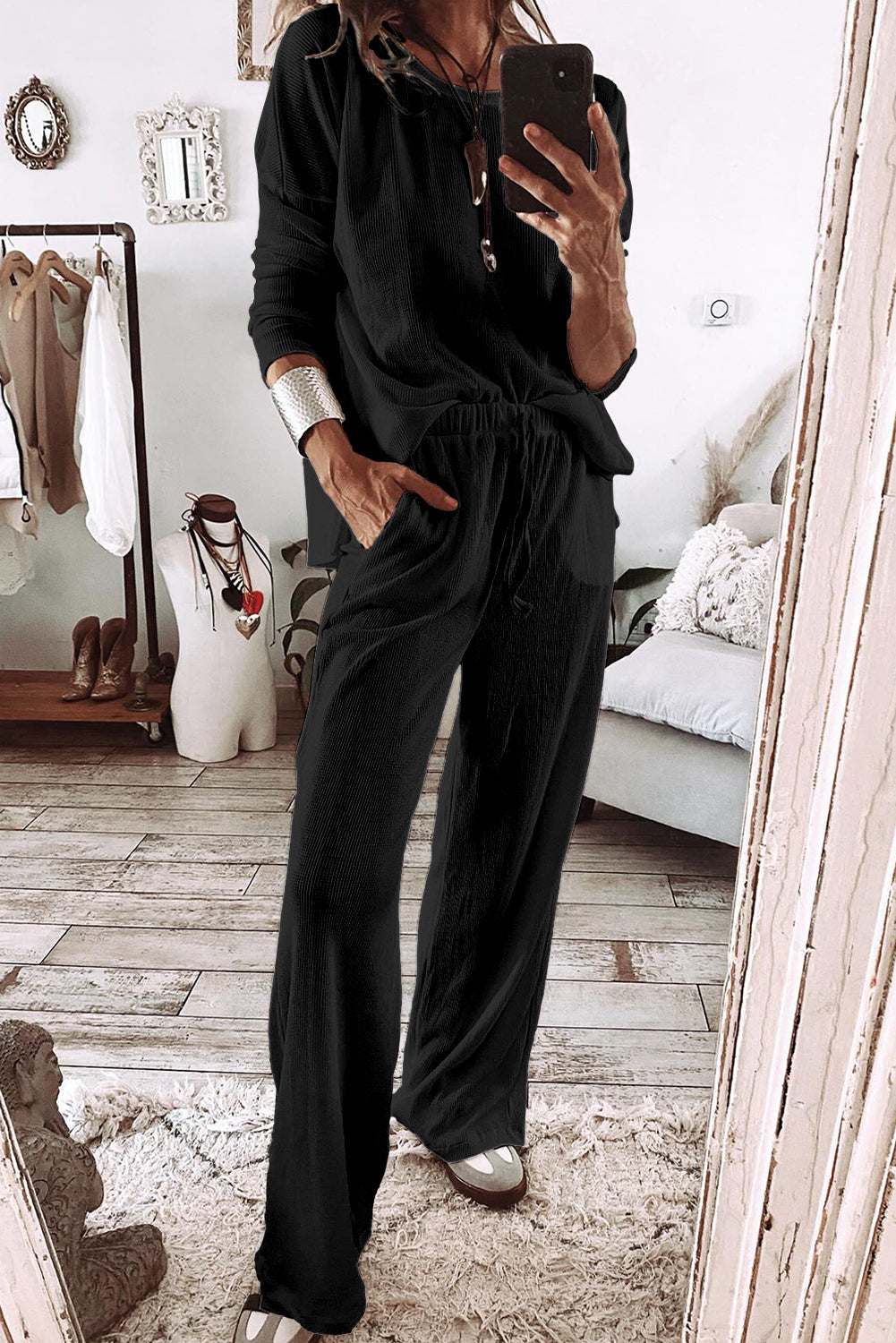 Cozy black textured lounge set with long sleeves and drawstring pants