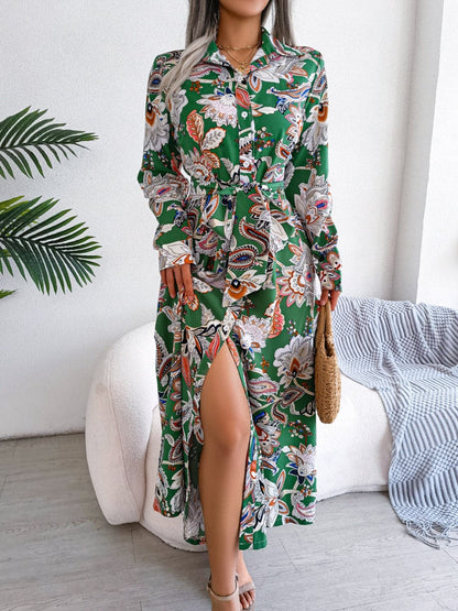 Tied Printed Long Sleeve Midi Dress.