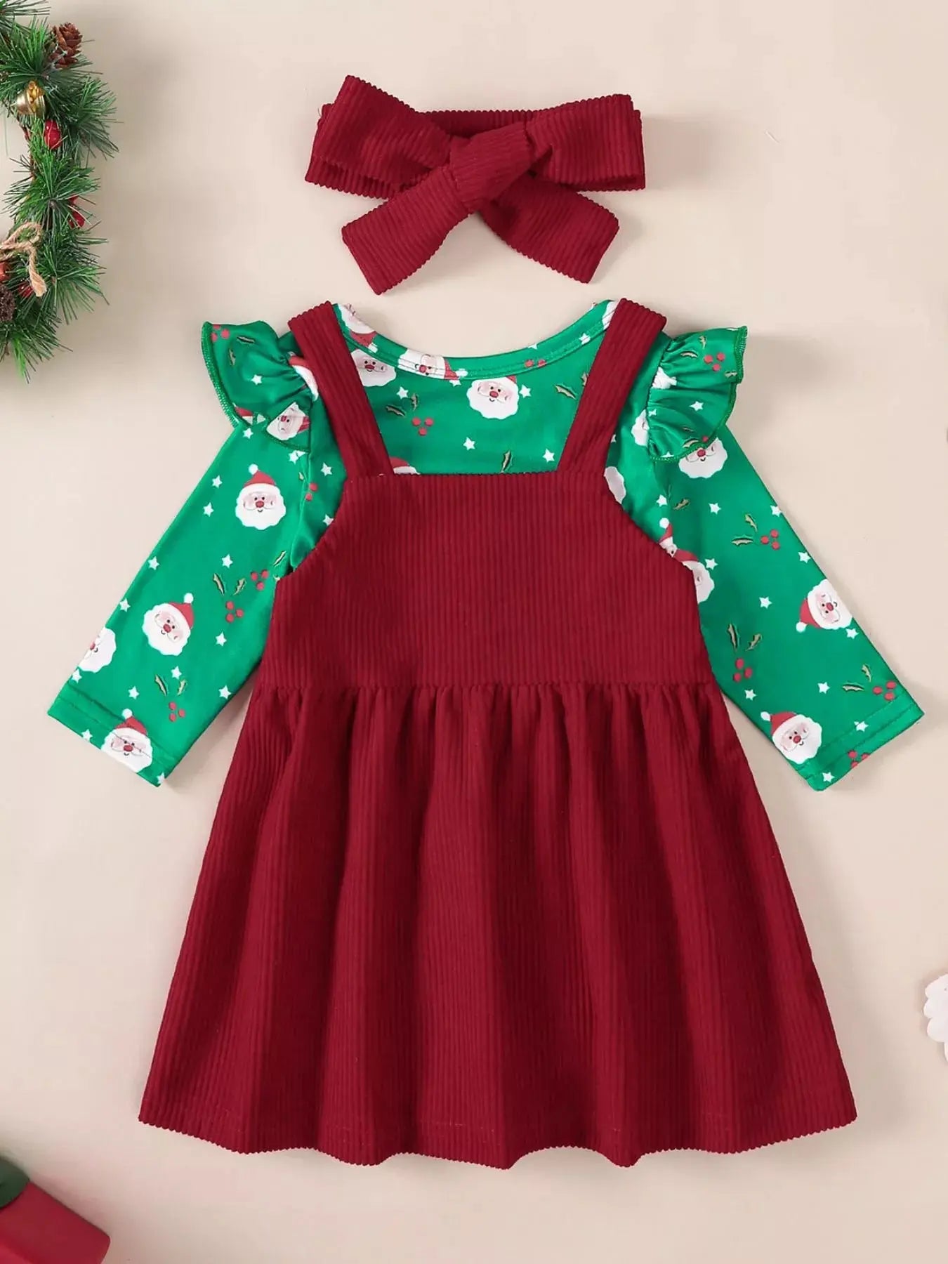 Children's Christmas Bodysuit and Overall Dress Set with Headband Simply Love
