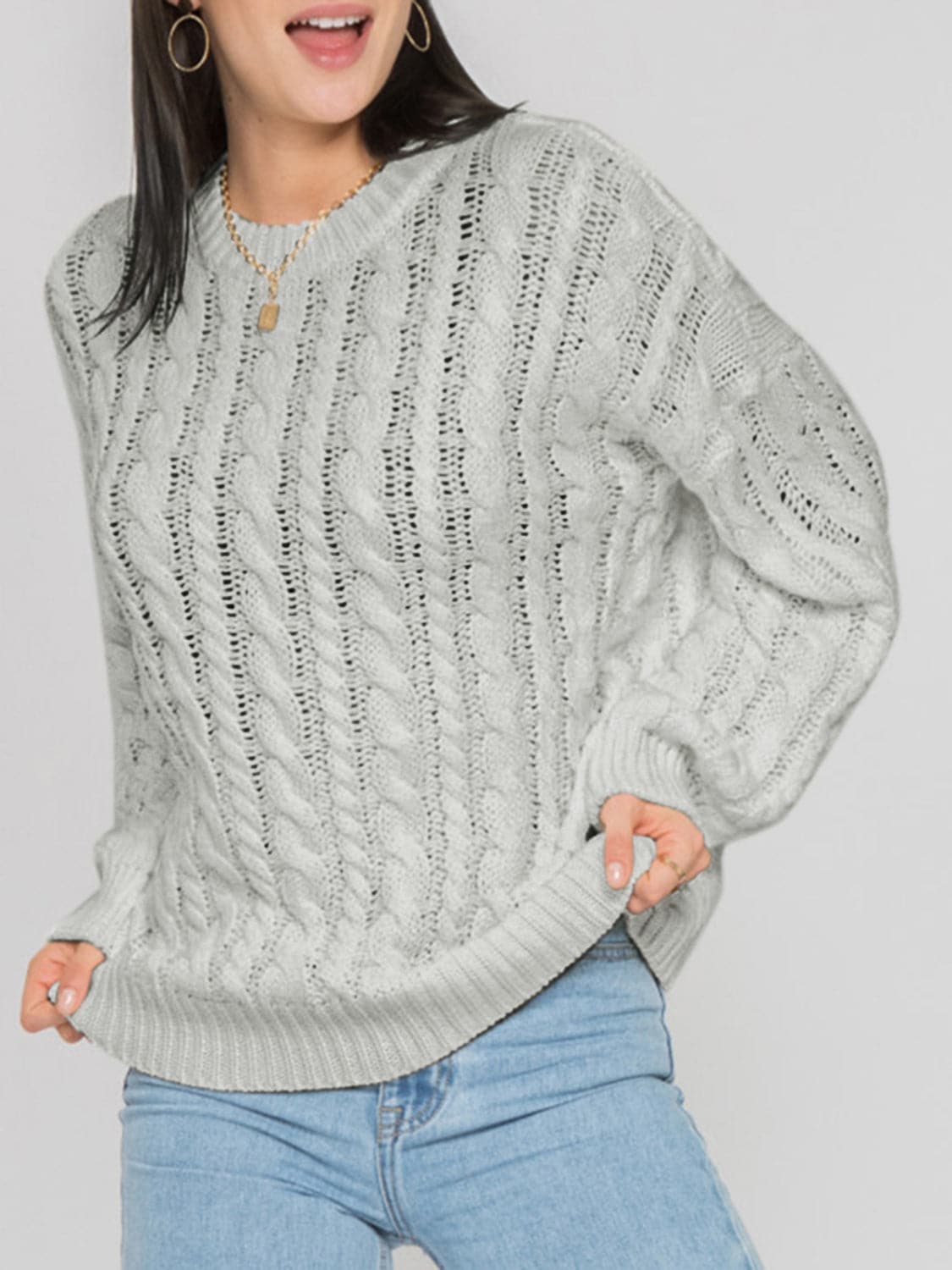 Openwork Round Sleeve Cable-Knit Sweater.