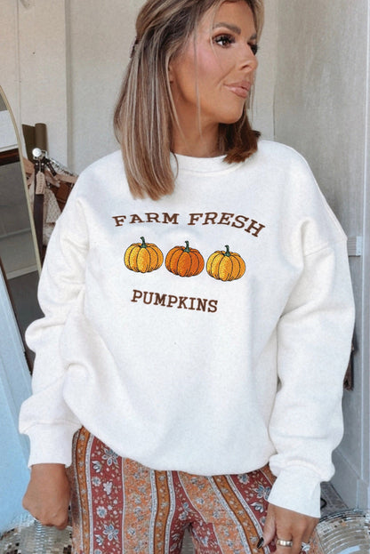 Premium White Farm Fresh Pumpkins Embroidered Holiday Sweatshirt