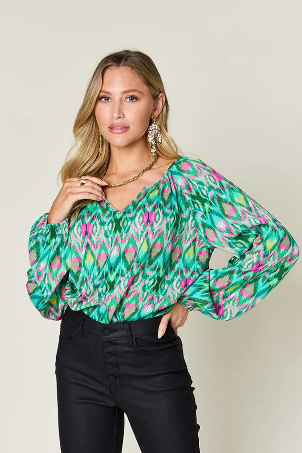Double Take Full Size Printed Balloon Sleeve Blouse - Love Salve