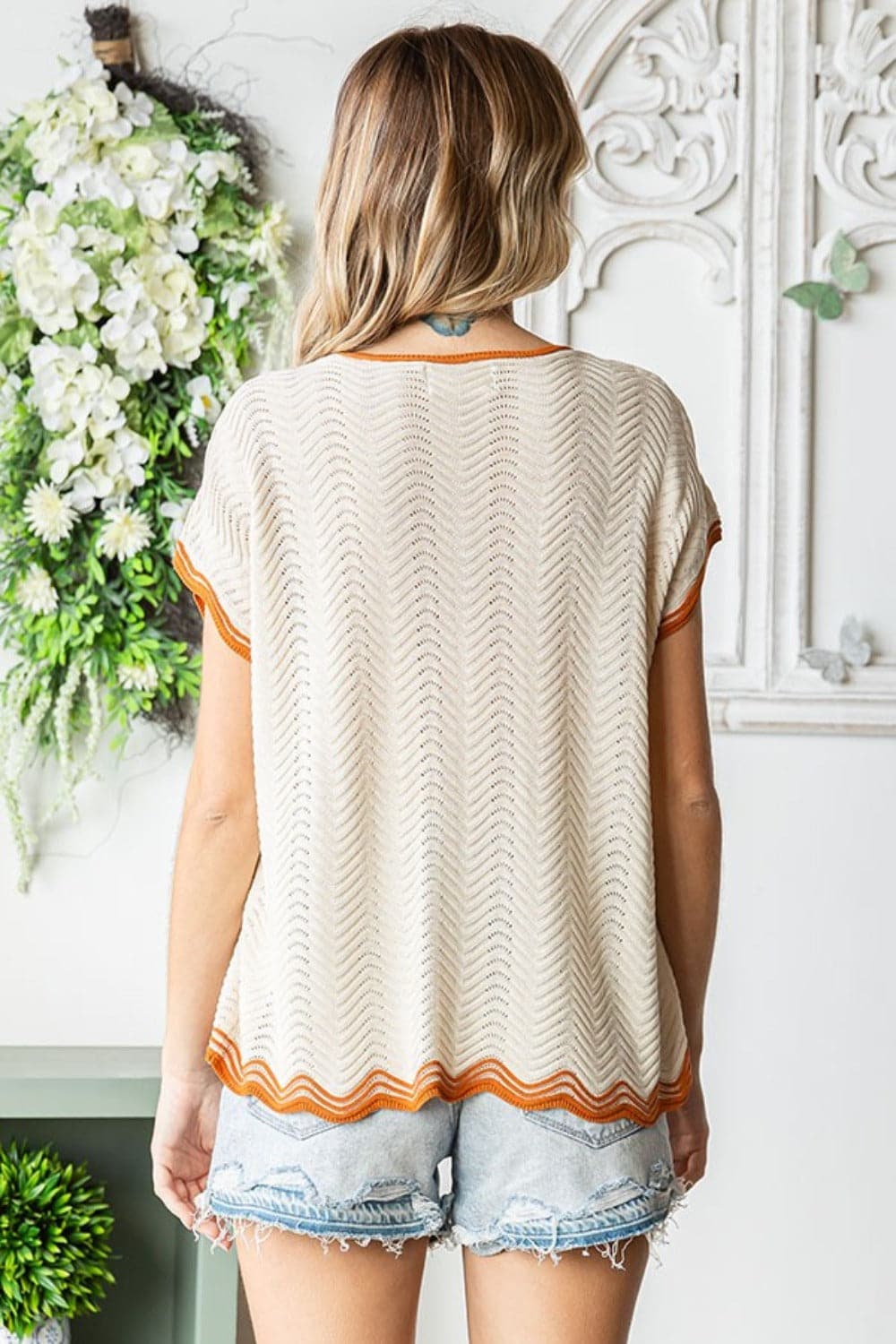 First Love Full Size Contrast Wavy Crochet Drop Shoulder Knit Top.