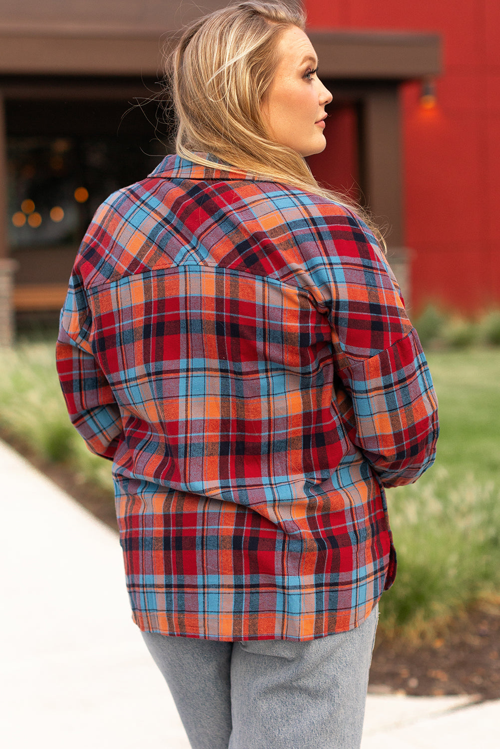 Red plaid plus size button-up shirt