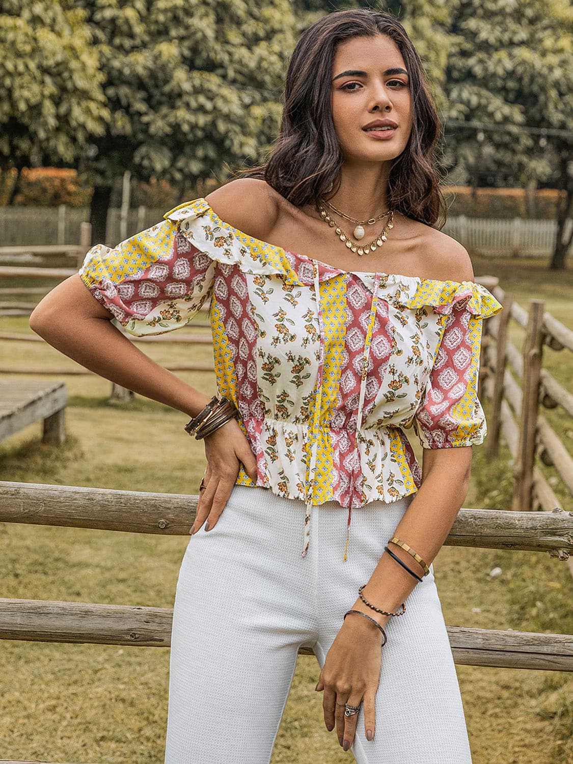 Ruffled Printed Off-Shoulder Short Sleeve Blouse.