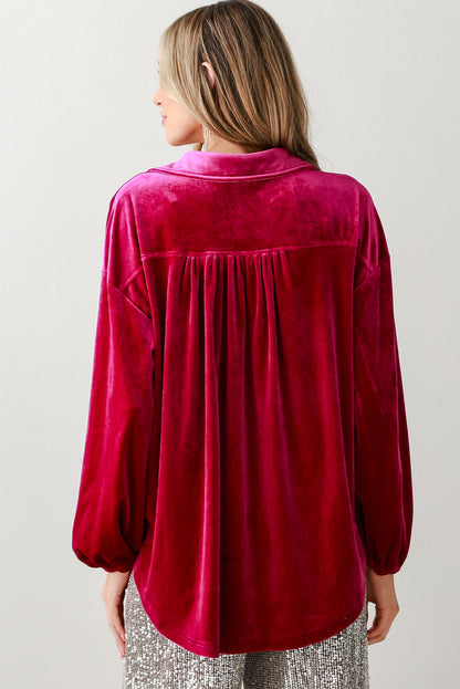 Chic pitaya pink velvet shirt with button details and V-neckline