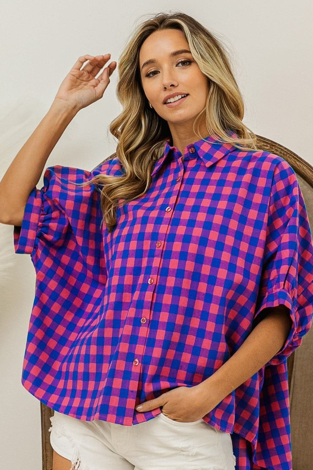 BiBi Plaid Button Up Dolman Sleeve Shirt.