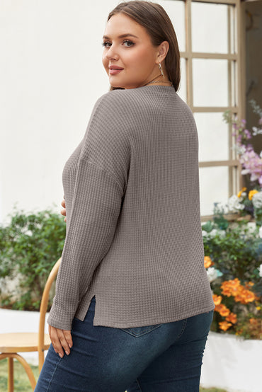 Cozy taupe waffle knit plus size V-neck top with button details