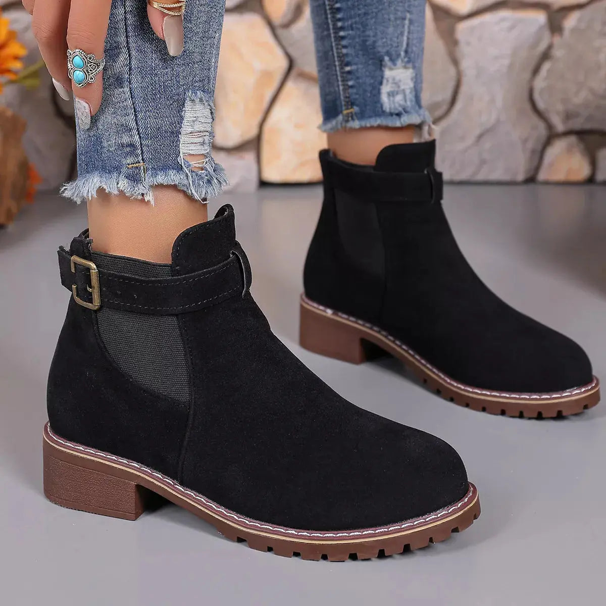 Women Round Toe Block Heel Ankle Boots Buckle Strap PU Leather Black Simply Love