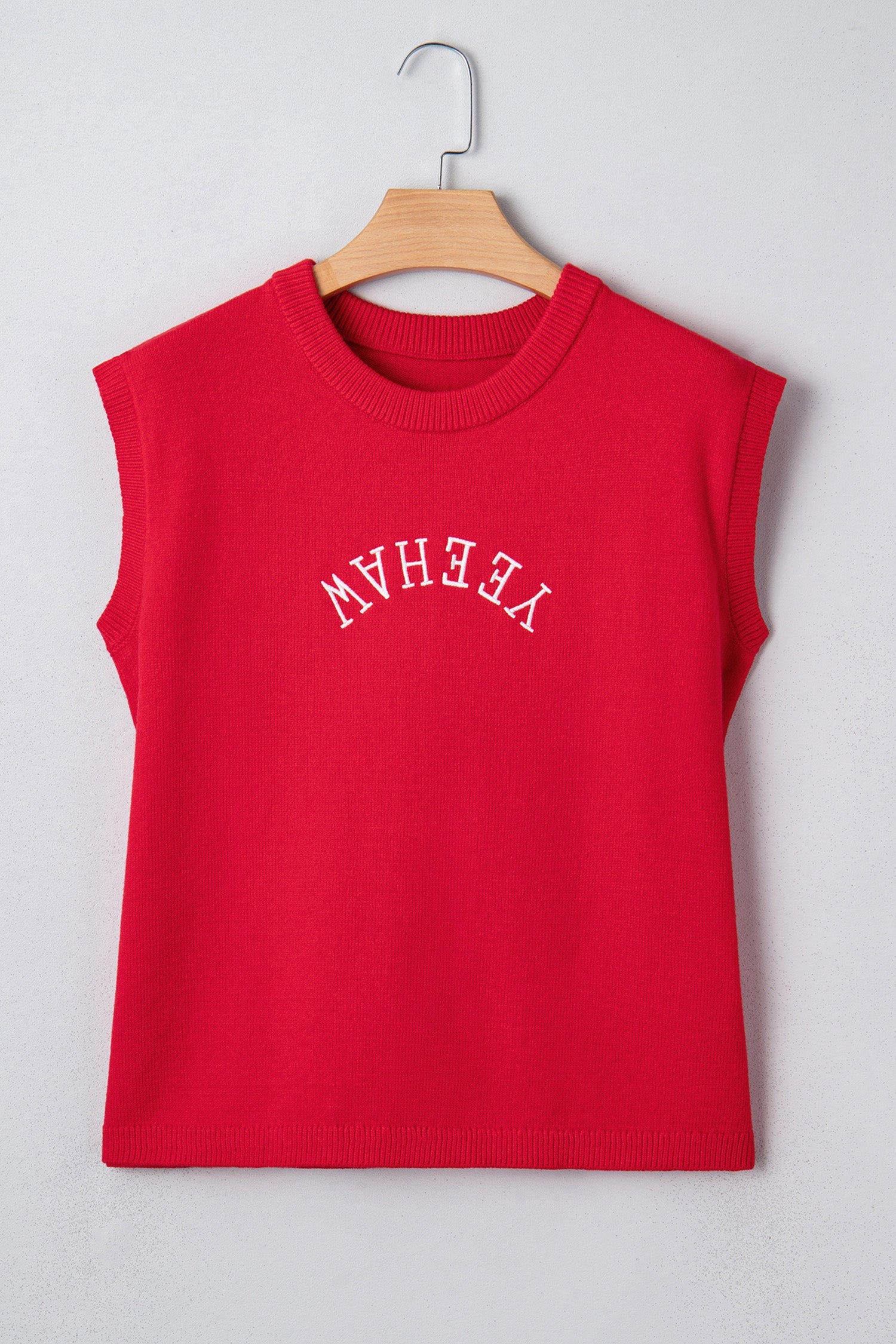 Fiery Red Embroidered Yeehaw Letter Loose Short Sleeve Sweater Dear-Lover Dropshipping