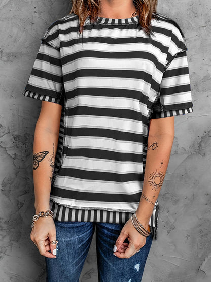 Full Size Contrast Stitching Striped Round Neck T-Shirt.