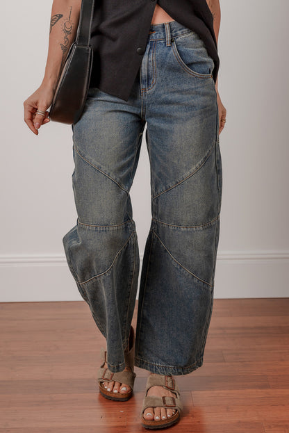 Sail Blue Exposed Stitching Loose Straight High Waist Jeans