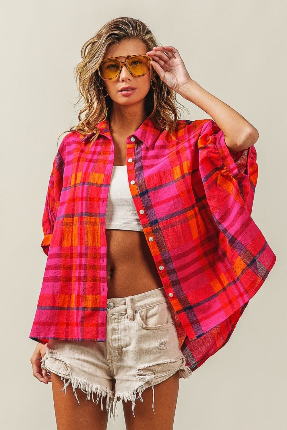 BiBi Button Up Dolman Sleeve Plaid Shirt.